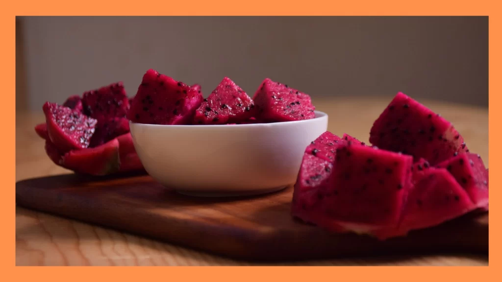 Pink Dragon Fruit cubes in a dish
